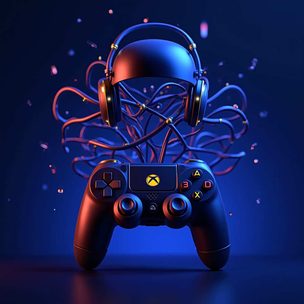 Abstract representation of gaming avatars and player identity merging with controller elements in deep blue and purple tones with golden accents