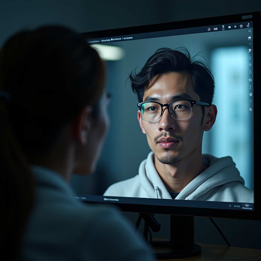 Split screen showing a player looking at their reflection on one side and their customized game avatar on the other side, with subtle differences highlighting the psychological gap between reality and virtual identity