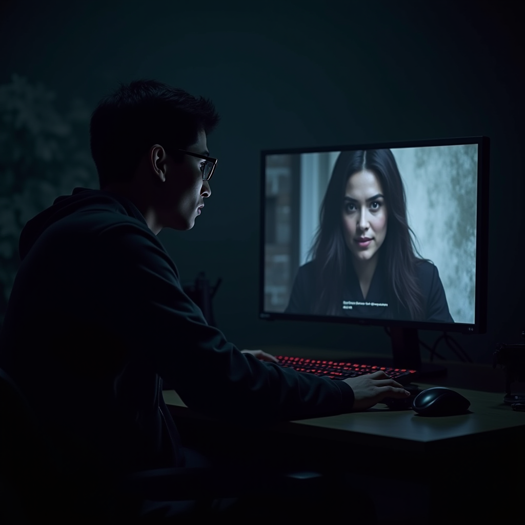 Dark atmospheric scene showing a player at their computer with a morally ambiguous game character on screen, split lighting showing contrast between player and character