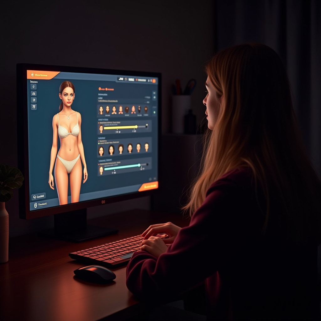 A player sitting at their computer, illuminated by the warm glow of their monitor displaying a detailed character creation screen with multiple gender presentation options, sliders for facial features, and diverse body type choices. The player's reflection is visible in the screen, creating a visual metaphor for self-discovery through digital avatars.