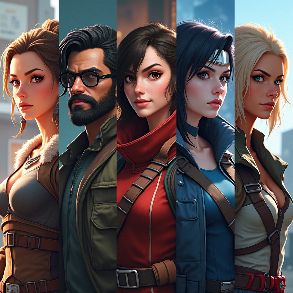 Collage showing diverse game avatars including fantasy warriors, sci-fi explorers, and modern characters, each representing different aspects of player identity and self-expression in virtual worlds
