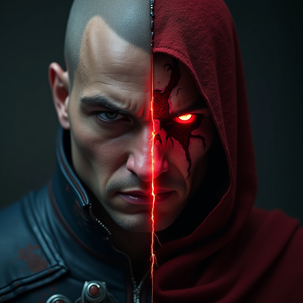 Split screen comparison showing the same player character in heroic and villainous paths, with contrasting visual effects and moral choice indicators