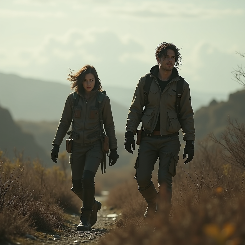 Joel and Ellie traversing a post-apocalyptic landscape together, symbolizing their emotional journey