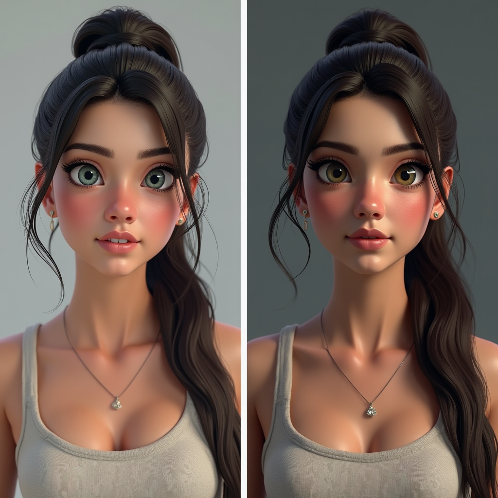Before and after comparison showing a player's real photo next to their idealized game avatar, highlighting subtle enhancements in features, physique, and styling choices