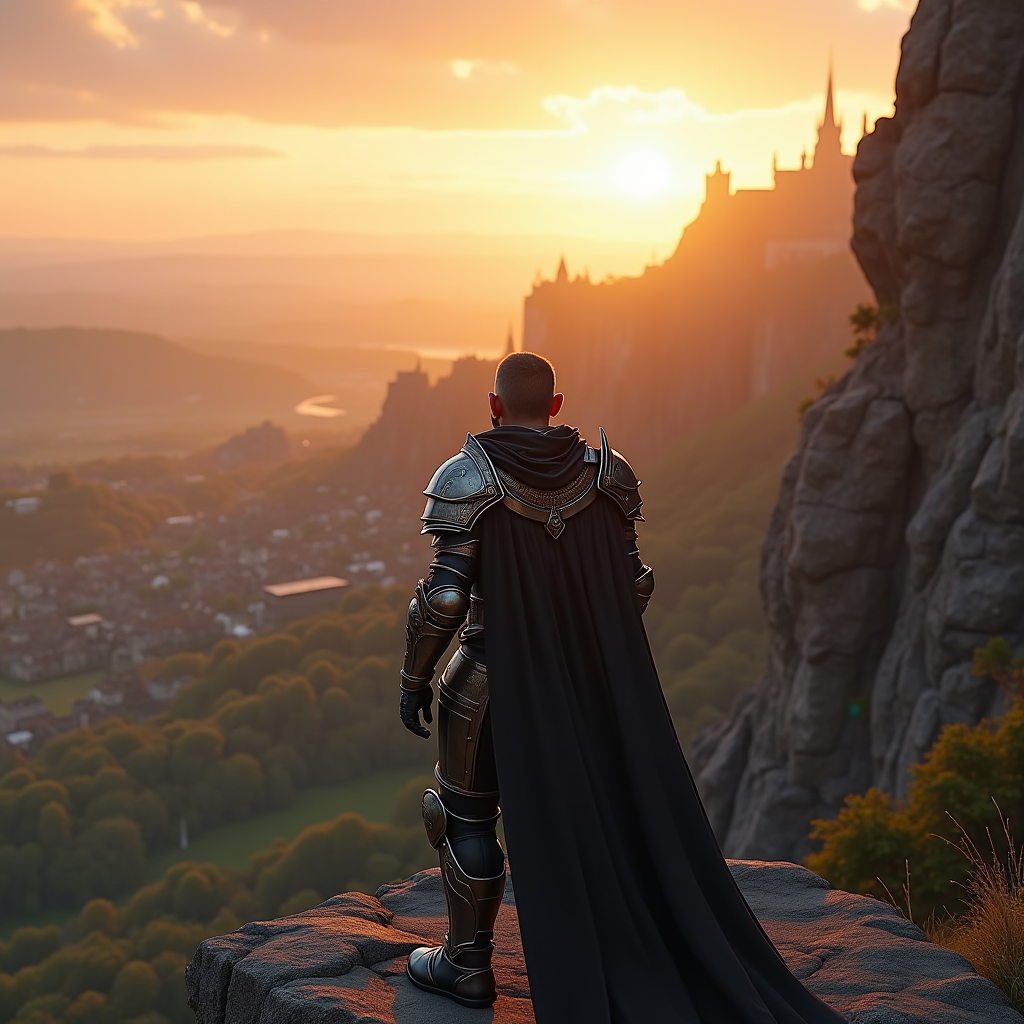Third-person view of armored warrior character standing on cliff edge overlooking vast fantasy landscape with medieval city in distance at sunset