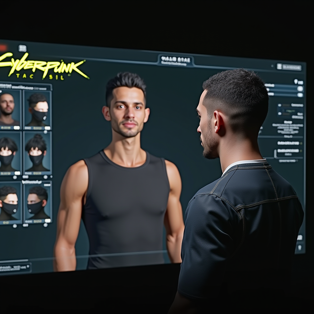 Character creation screen from Cyberpunk 2077 showing detailed customization options with a player's reflection visible, illustrating the connection between real identity and virtual self-expression