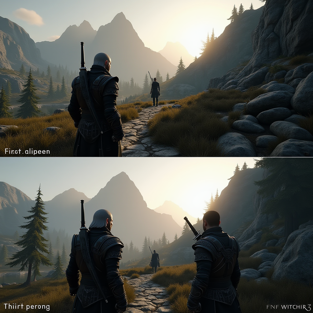 Comparison image showing the same game scene from both first-person and third-person camera perspectives, illustrating how different viewpoints affect player immersion and connection to their character in games like Skyrim and The Witcher 3