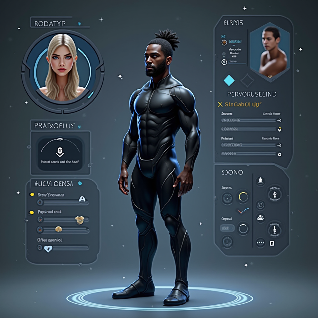 A sleek, futuristic character creation interface showing separate sliders and options for body type, voice, pronouns, and physical features. The interface uses inclusive language and iconography, with options clearly labeled as 'Body Type A/B' rather than 'Male/Female', and a dropdown menu for pronouns including he/him, she/her, they/them, and custom options. The design is clean and welcoming.