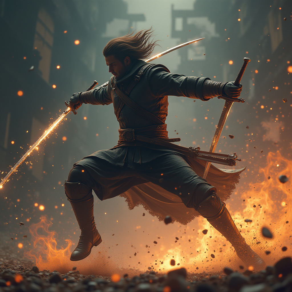 Dynamic action shot of character mid-combat leap with dual swords shown from third-person perspective with motion blur and particle effects