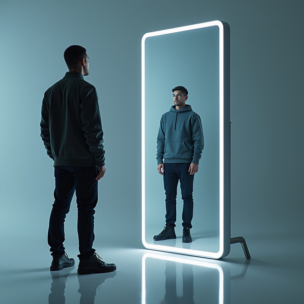 Artistic representation of a person standing between a mirror showing their reflection and a screen showing their game avatar, symbolizing the connection between real and virtual identity
